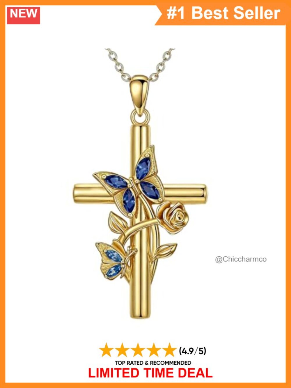 Gold Plated Butterfly Rose Cross Necklace 18+2" O-Chain Christian Gift